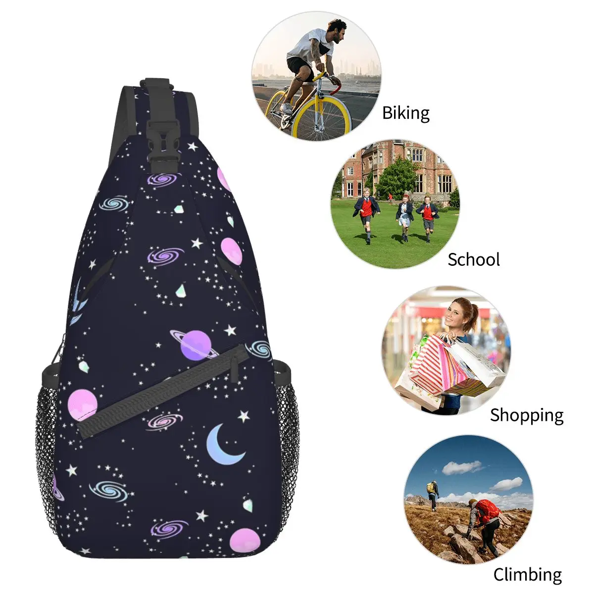 Kristall galaxie Cross body Schulter taschen kleine Brusttasche Kawaii Muster Schulter rucksack Tages rucksack zum Wandern Outdoor-Fahrrad tasche