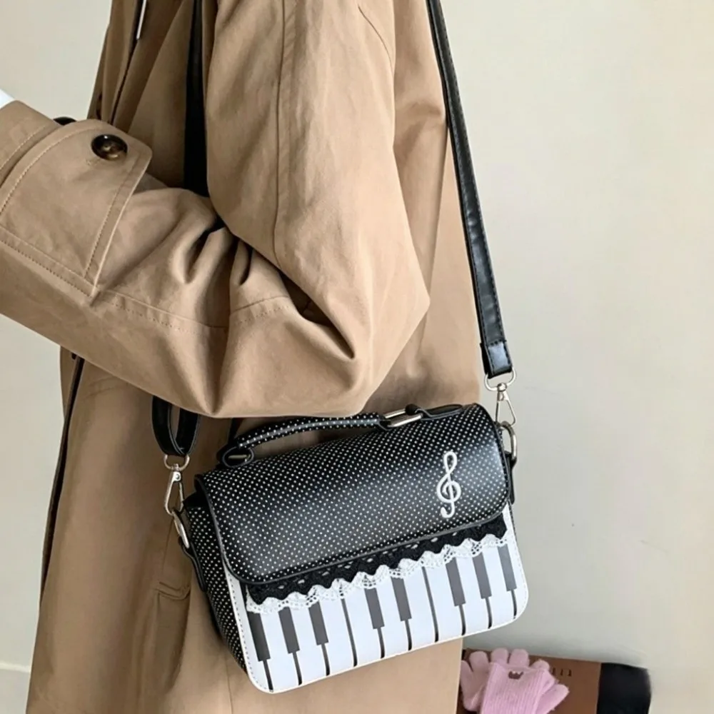 Fashion PU Leather Piano Note Crossbody Bag Polka Dot Contrast Color Square Shoulder Bag Flip Zipper Lace Handbag Travel