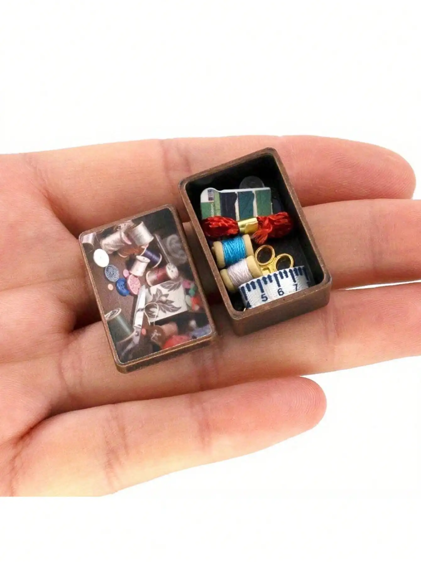 

1 set of dollhouse miniature sewing box, featuring mini threads, scissors, ruler models, with some colors selected at random.