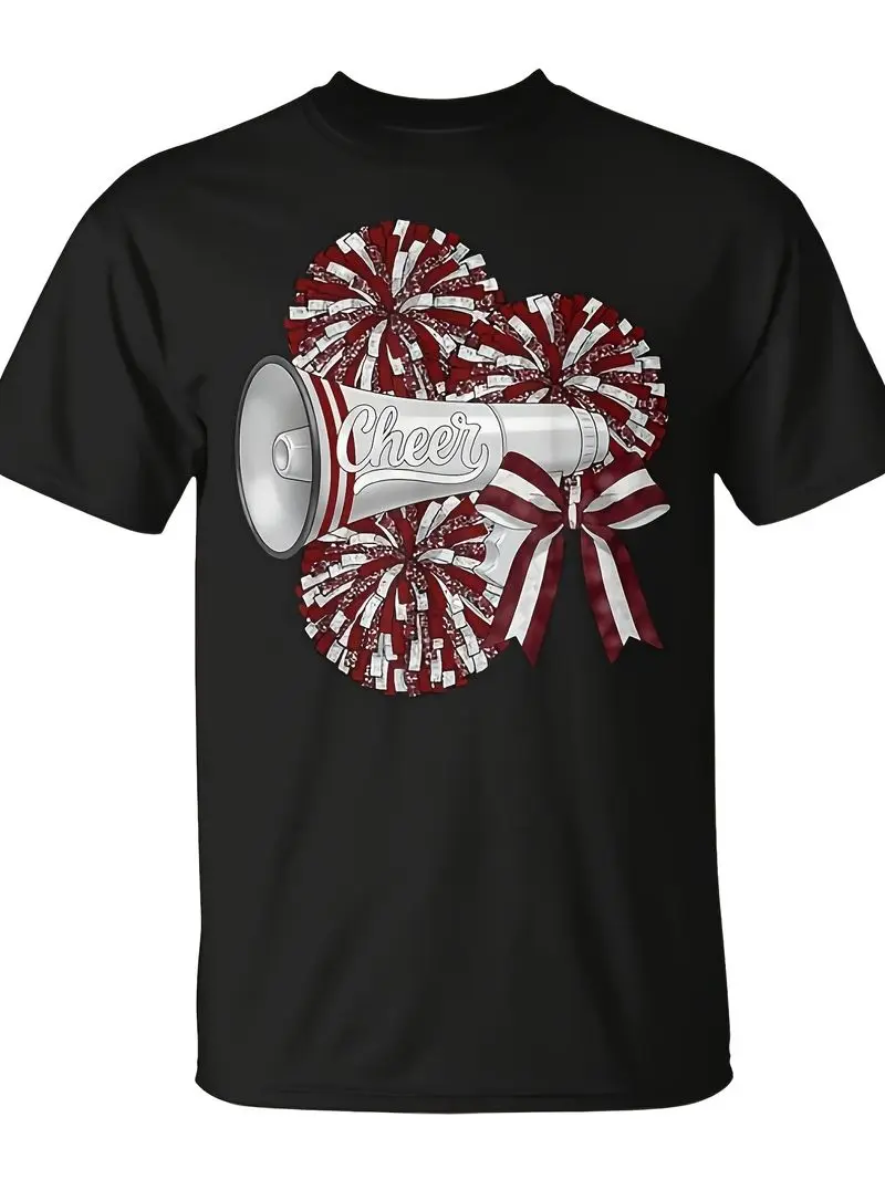 Bow Cheer Cheerleader Maroon T-Shirt - 2026 Summer Short Sleeve Printed Tee For Men & Unisex, 180G Vintage Crew Neck Pullover