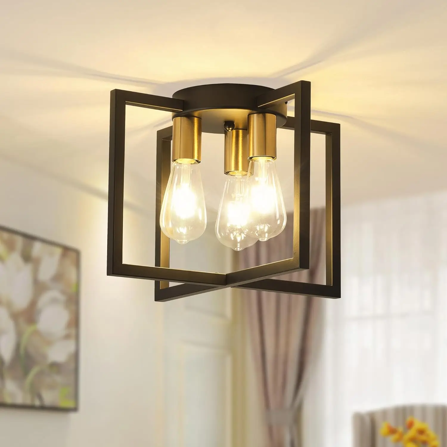 3-Light Ceiling Light Fixture, Black And Gold Semi-Flush Mount Chandelier With Geometric Metal Shade, Farmhouse Industrial