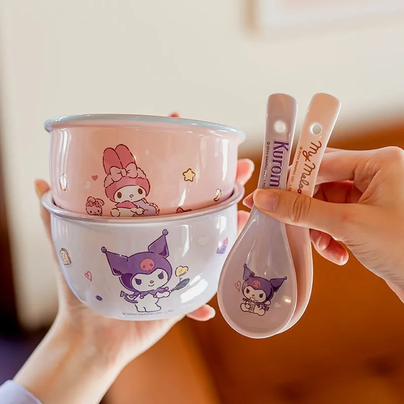 

5pcs Hello Kitty Cinnamoroll Anime Sanrio Children Household Ceramic Tableware Cute Cartoon Rice Bowl Plate Spoon Christmas Gift