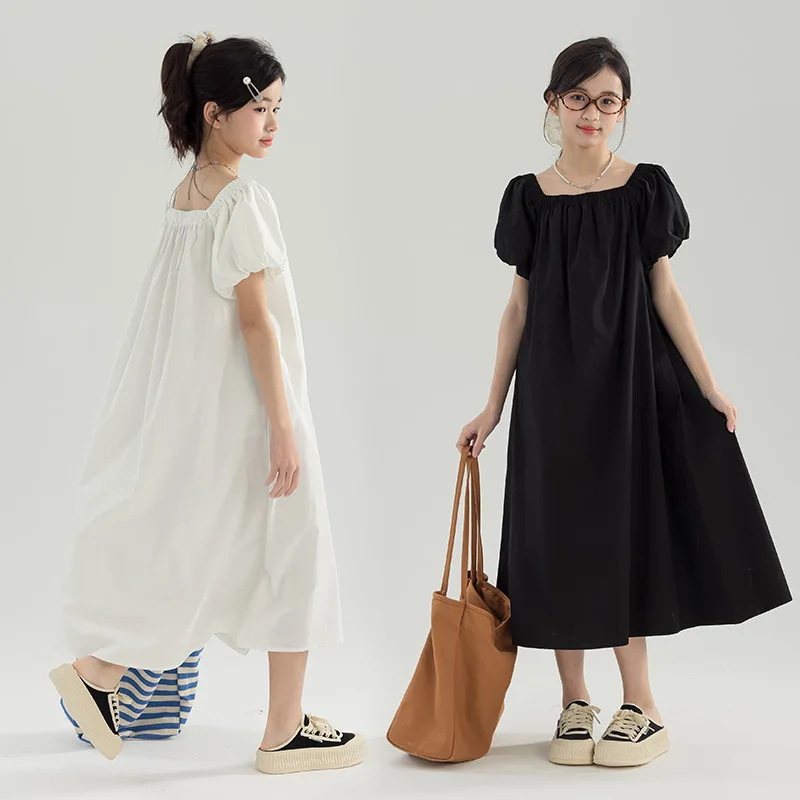 Teen Girls Square Neck Puff Sleeve Maxi Dress Loose Casual A-Line Long Dress Soft Cotton Blend Summer Daily School Kids Outfit