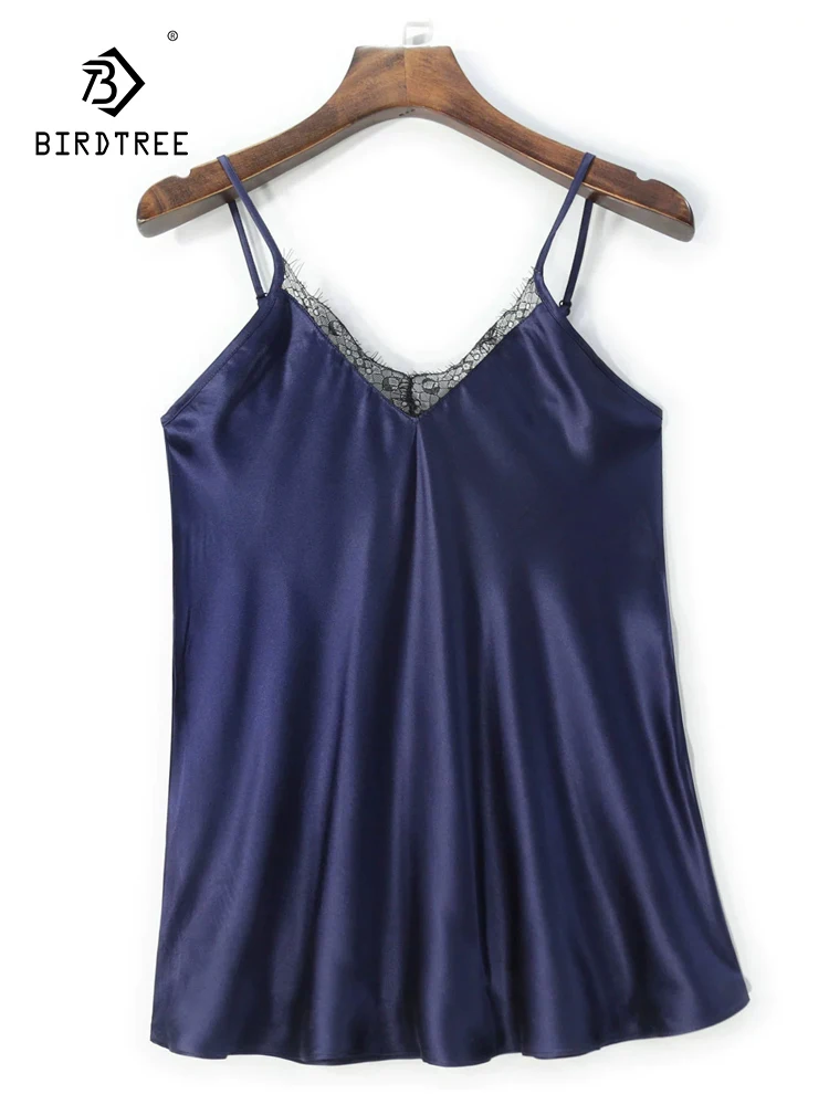

BirdTree-Silk Elegant Suspender Strap Vest, Women V Neck Lace Patchwork, Retro Casual Adjustable Sling Top, 2025 Summer T57029CC