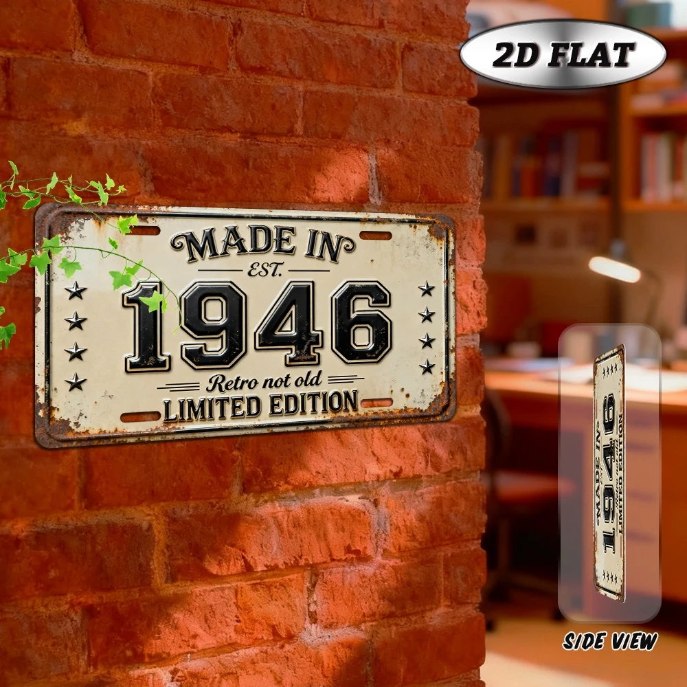 2D Flat Made In 1946 Limited Edition Vintage Distressed Metal License Plate Retro Birthday Wall Decor Metal Sign