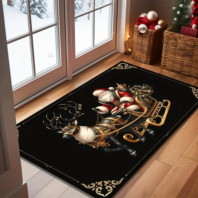 Elegant Pink Christmas Welcome Rug Gold Bell Big Bowknot Doormat Winter Snowy Forest Floor Mat Anti-slip Area Rug Decor