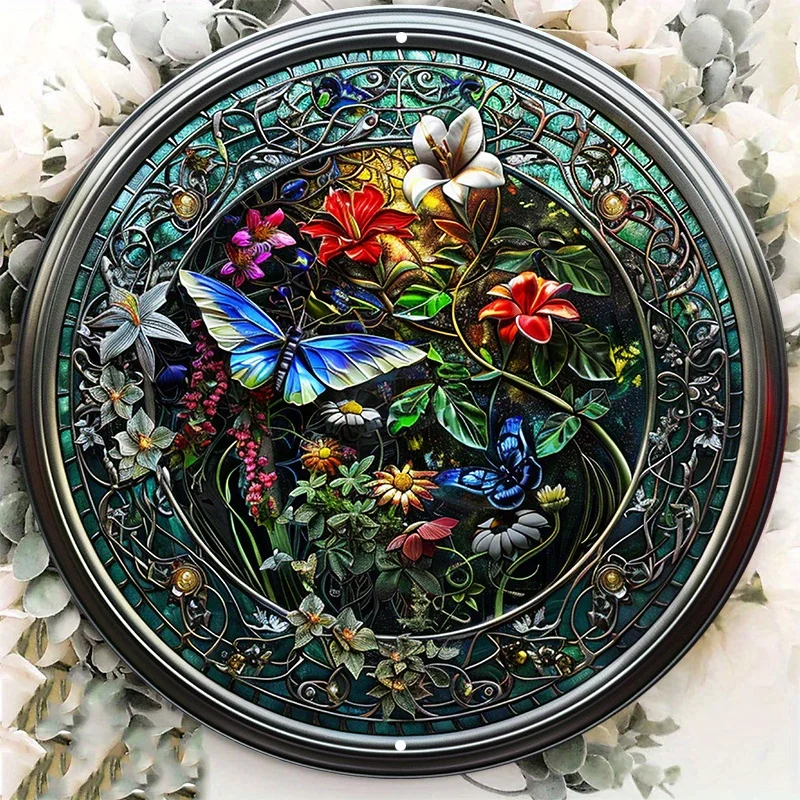 

Waterproof Aluminum Floral and Butterfly 3D Effect Round Wall Decor, Diameter, Volumetric Stained Glass Look, Metal Art