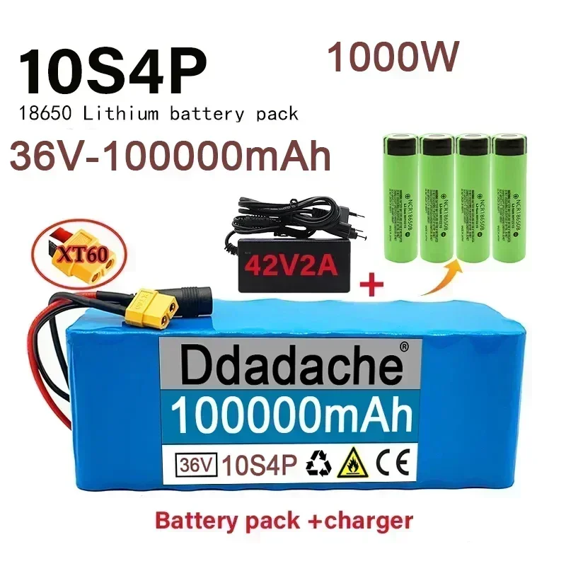 Rechargeable battery pack 36V10s4p 100Ah10000W, charging capacity 18650 lithium battery pack, with BMSXT60 plug and charger