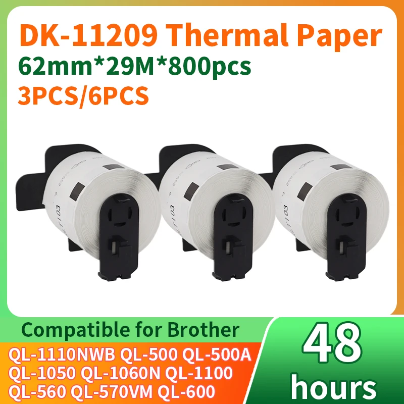 3/6 Rolls DK-11209 Thermal paper 29*62mm 800PCS Address Label Compatible for Brother QL Label QL-500 QL-570 Printer Paper Label