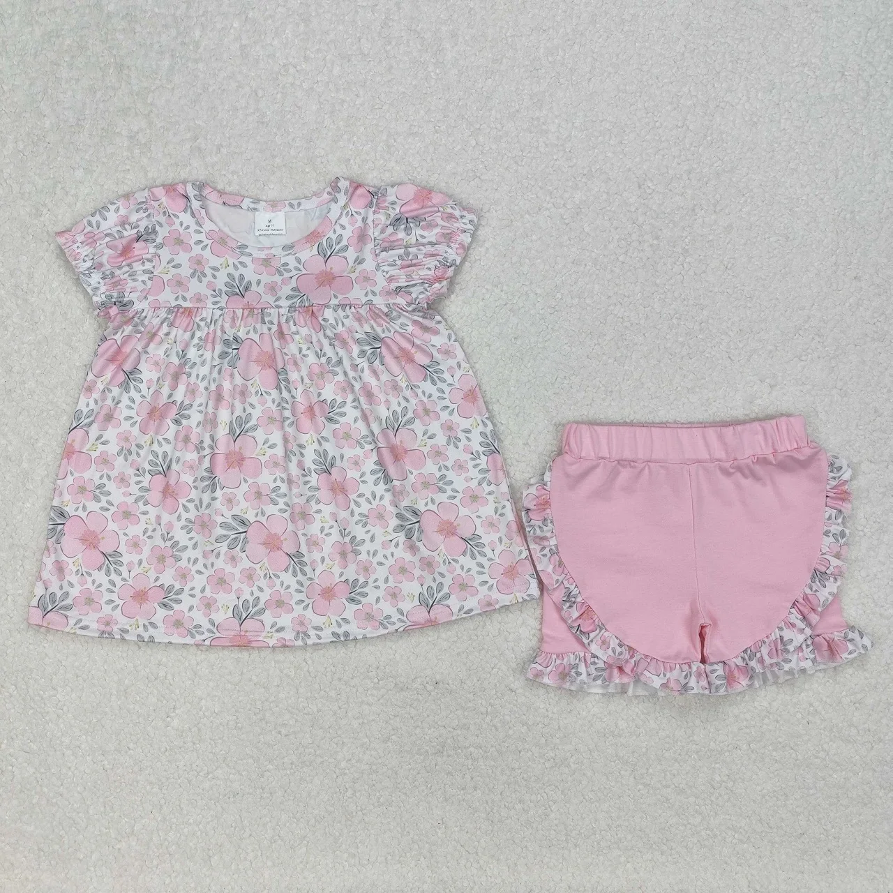 

Wholesale Toddler Ruffle Pink Flower Tunic Clothes Baby Girl Set Kids Ruffle Cotton Shorts Children Infant Short Sleeves Outfit