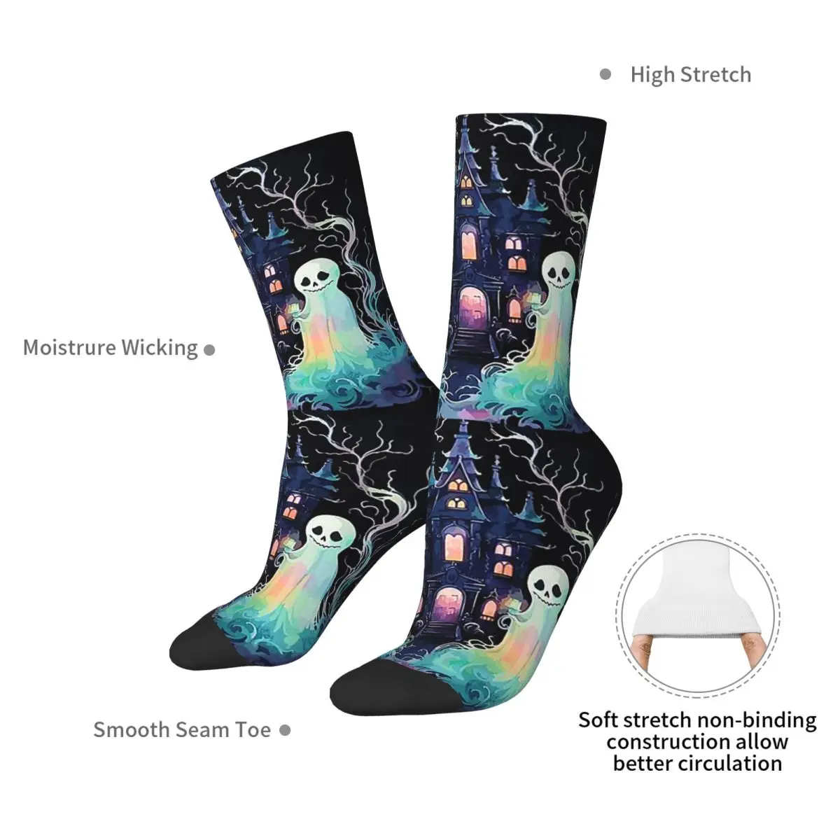 Ghosts Neon Style With Haunted House Socks Harajuku Soft Stockings All Season Long Socks Accessories for Man Woman Birthday Gift