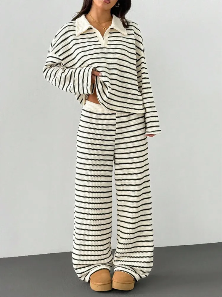 

Striped Long Sleeve Pullover Top Wide Leg Trousers Suit For Women Simple Style Commuting Casual Contrast Comfortable Fashion