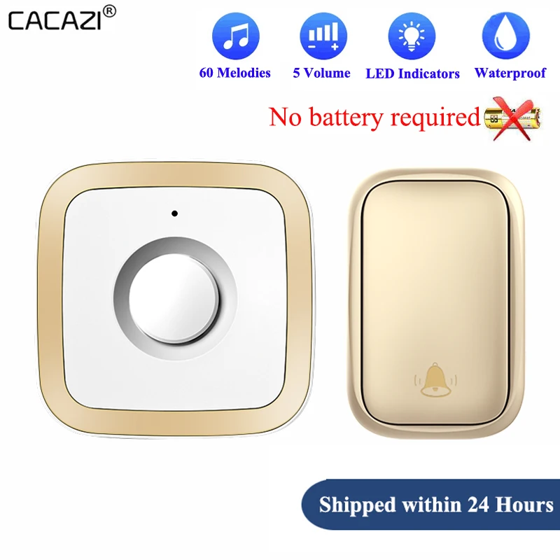 CACAZI Newest Home Wireless Doorbell 60 Songs 110DB 150M Waterproof Remote Smart Calling Bell with US EU UK Plug (Gold&White)