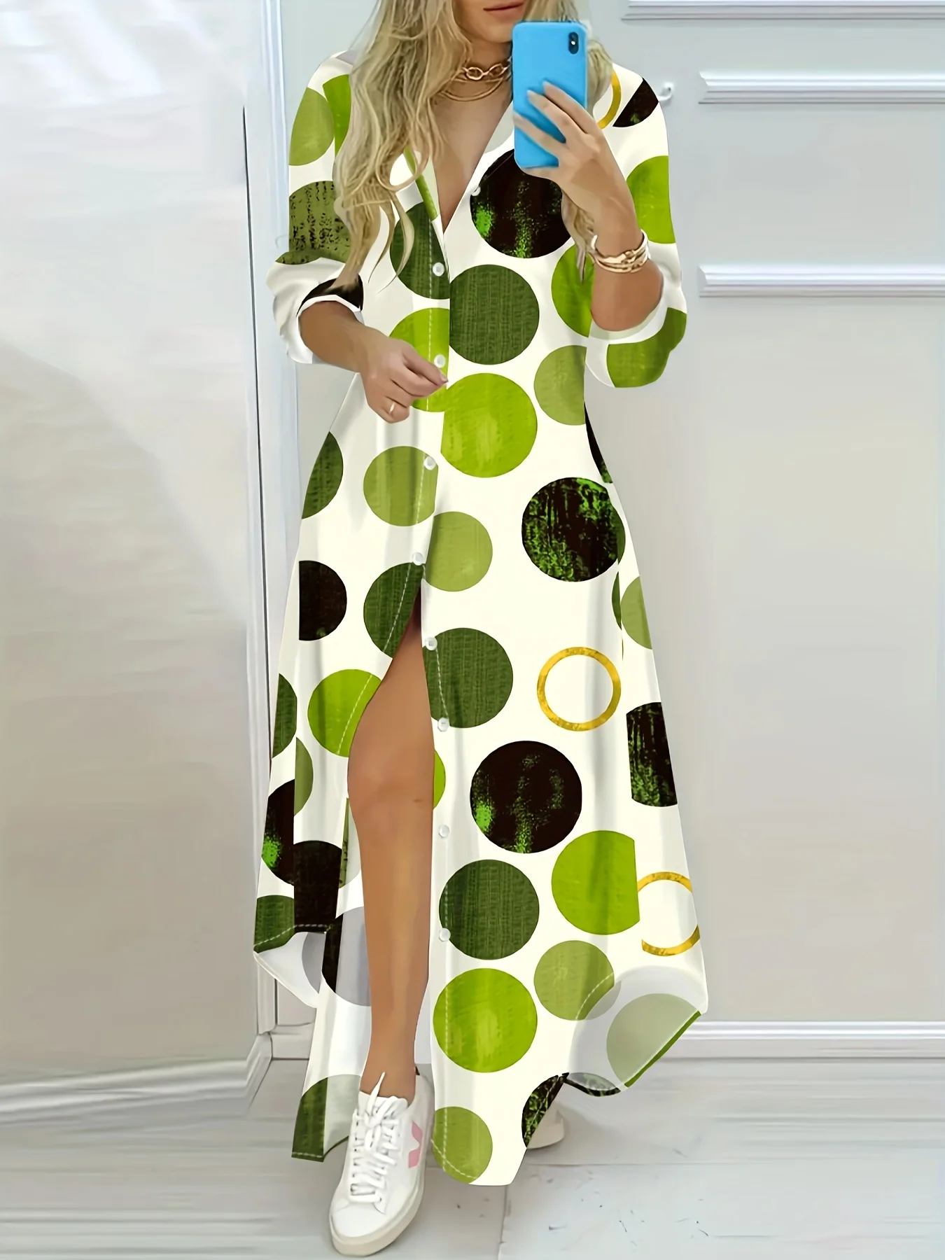 Lässiges Grün-Schwarz-Weißes Polka-Dot-Kleid mit Langen Ärmeln für Damen 2024 Trendiges A-Linien Bodycon Midikleid Modische Sommermode