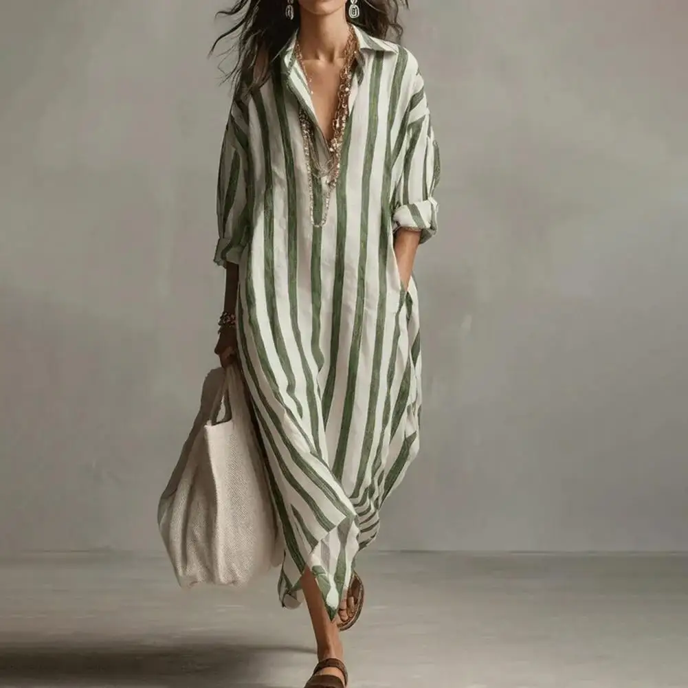Summer Women's Striped Lapel Pocket Side Slit Dress European And American Stripes Loose Fit Mid-length Long Sleeve Shirt Dress