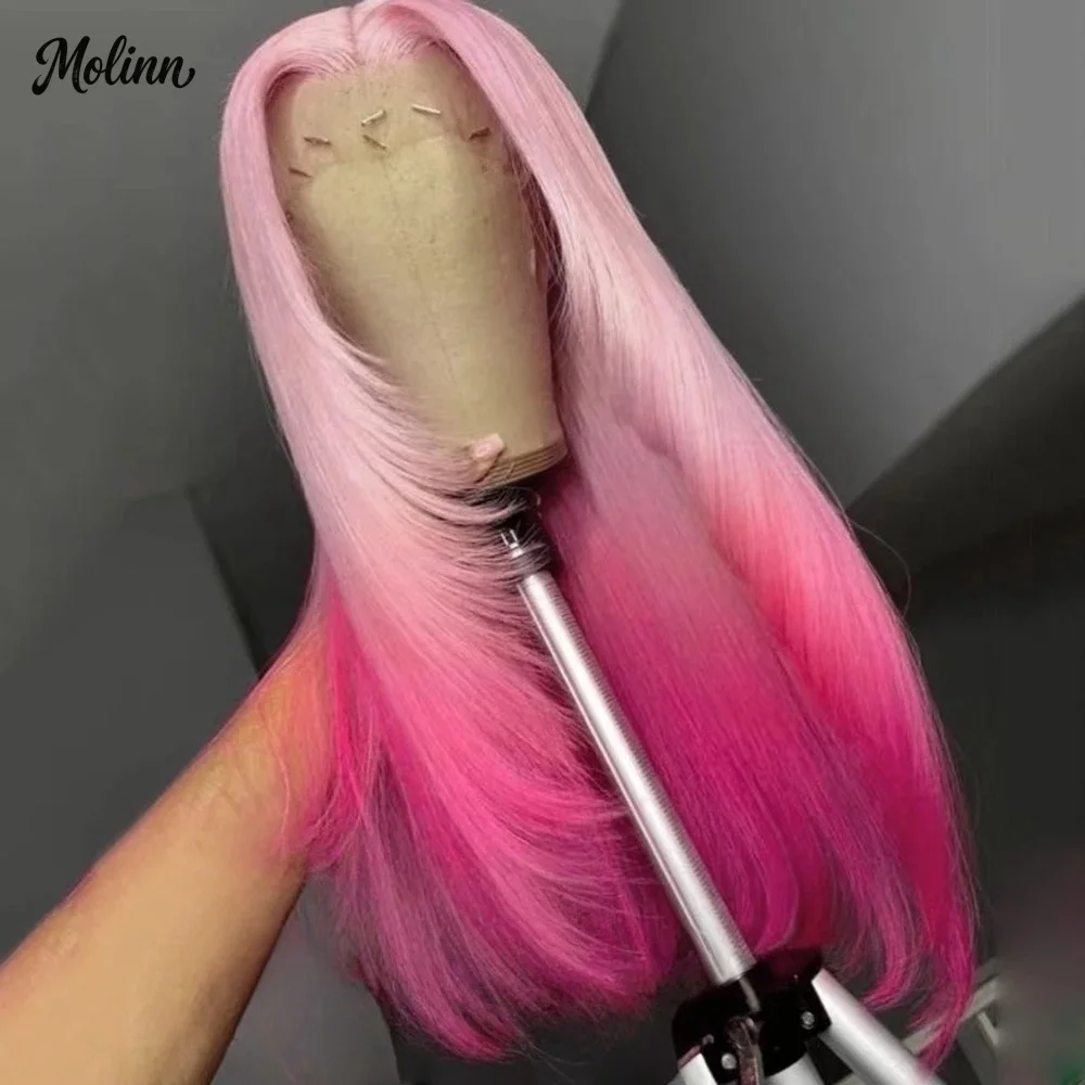 Ombre Pink Wig Layered Cut Straight Lace Front Wig 13x4 HD Synthetic And Blend Fibres Heat Resistant Pre Plucked Daily Cosplay