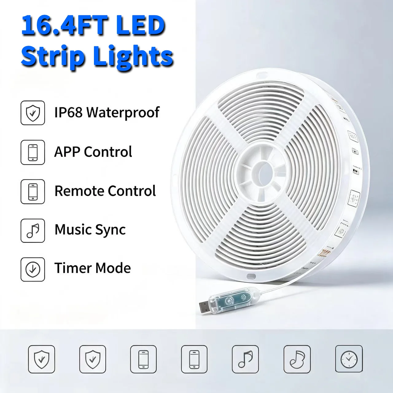 P68 Waterproof 16.4ft RGB LED Strip Light 5V USB, Outdoor Music Sync, Bluetooth APP RF Remote, Dimmable Flexible Tape for Garden, Deck, Pool Balcony