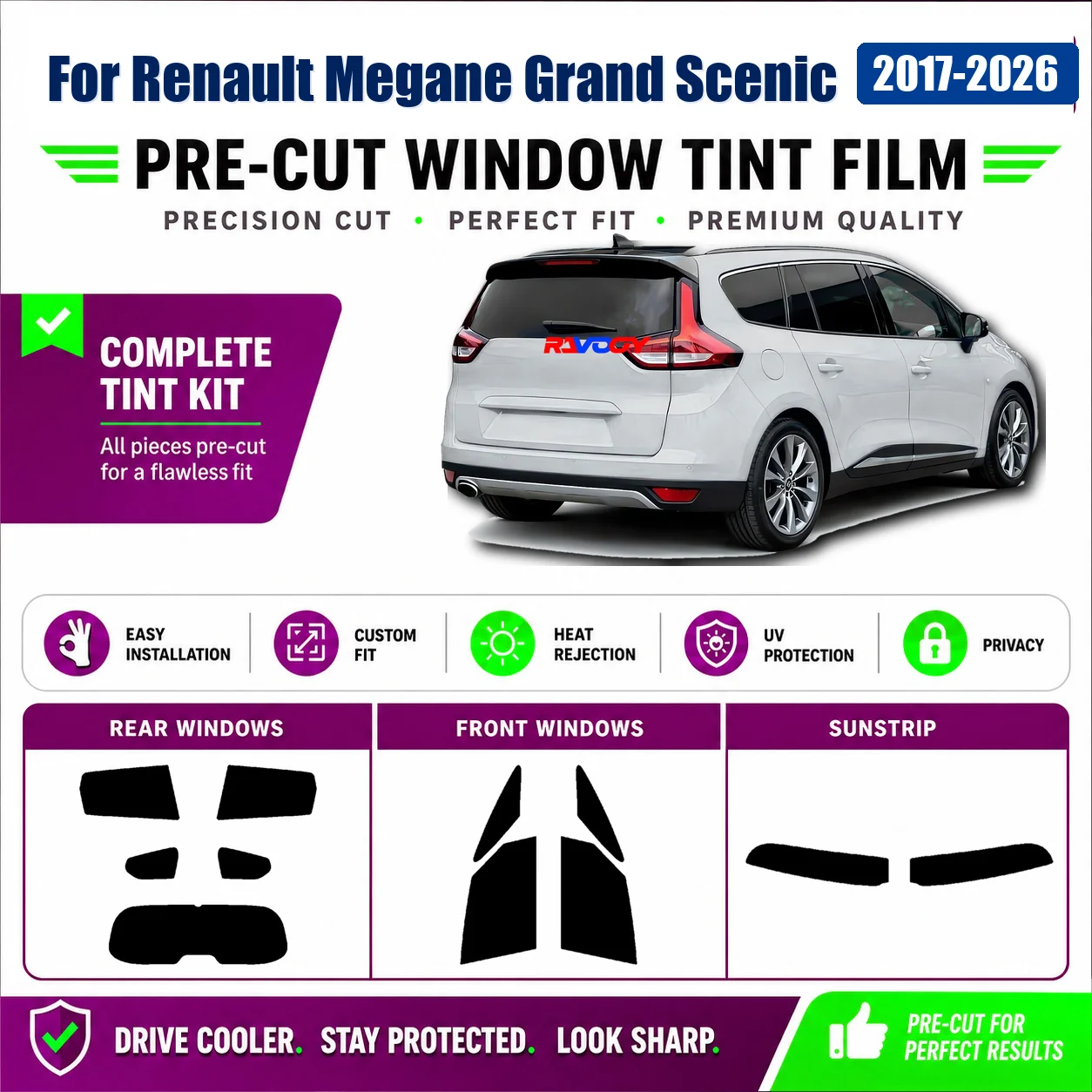 For Renault Megane Grand Scenic 2017-2026 Precut Complete Window Privacy Tint Film Custom Cut Kit