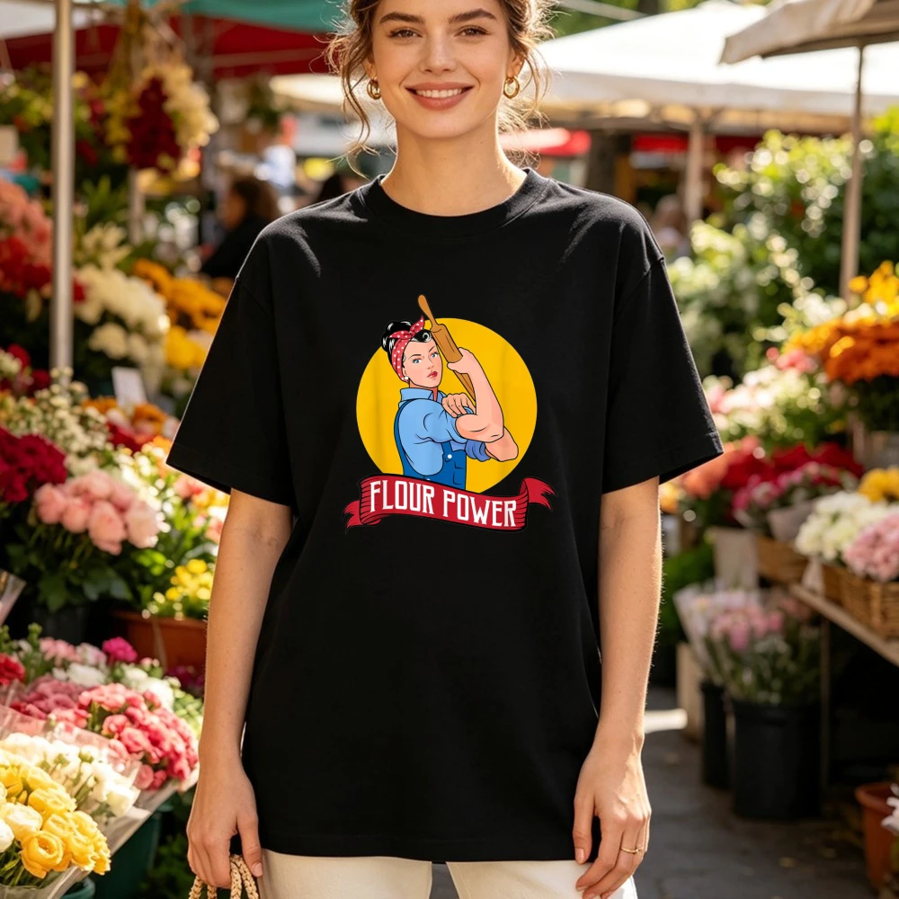 Funny Baking Gift T-Shirt Flour Power Retro Baker Woman Rolling Pin Graphic T shirts Fashion Cooking Hobby Casual Daily Tops