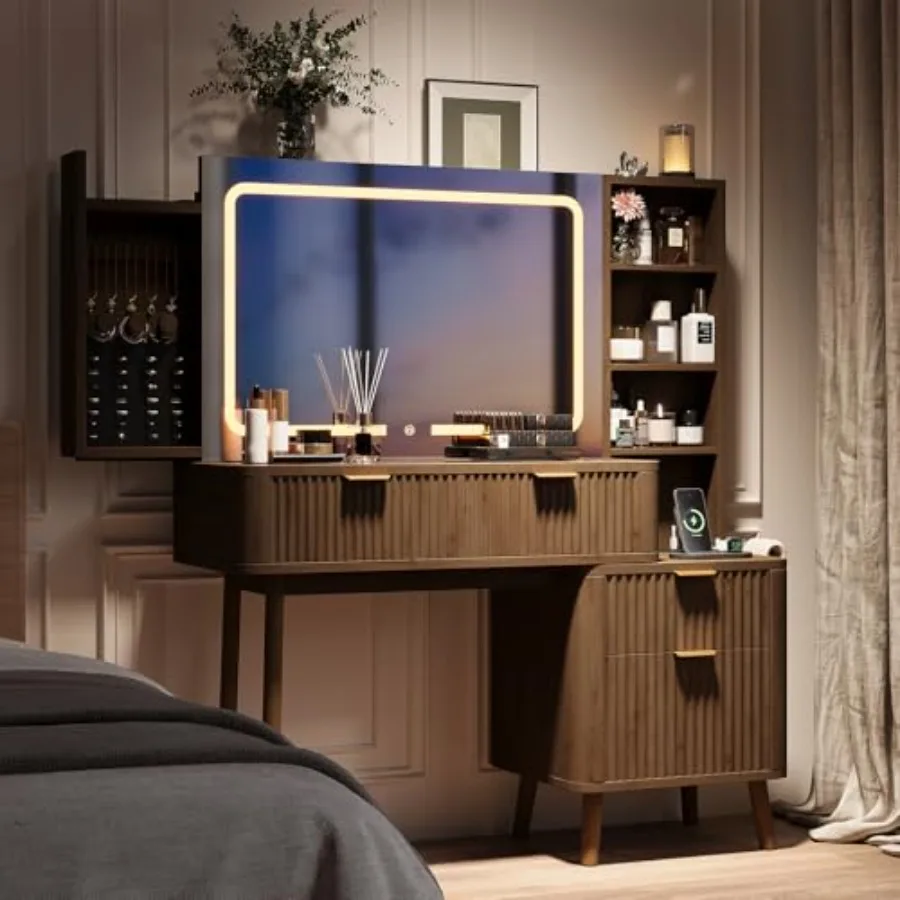 

48 Wood Vanity with Glass Top for Bedroom, Natural Wood Tone, Adjustable LED Mirror with 3 Color Modes, Fluted Boho Design, Sli