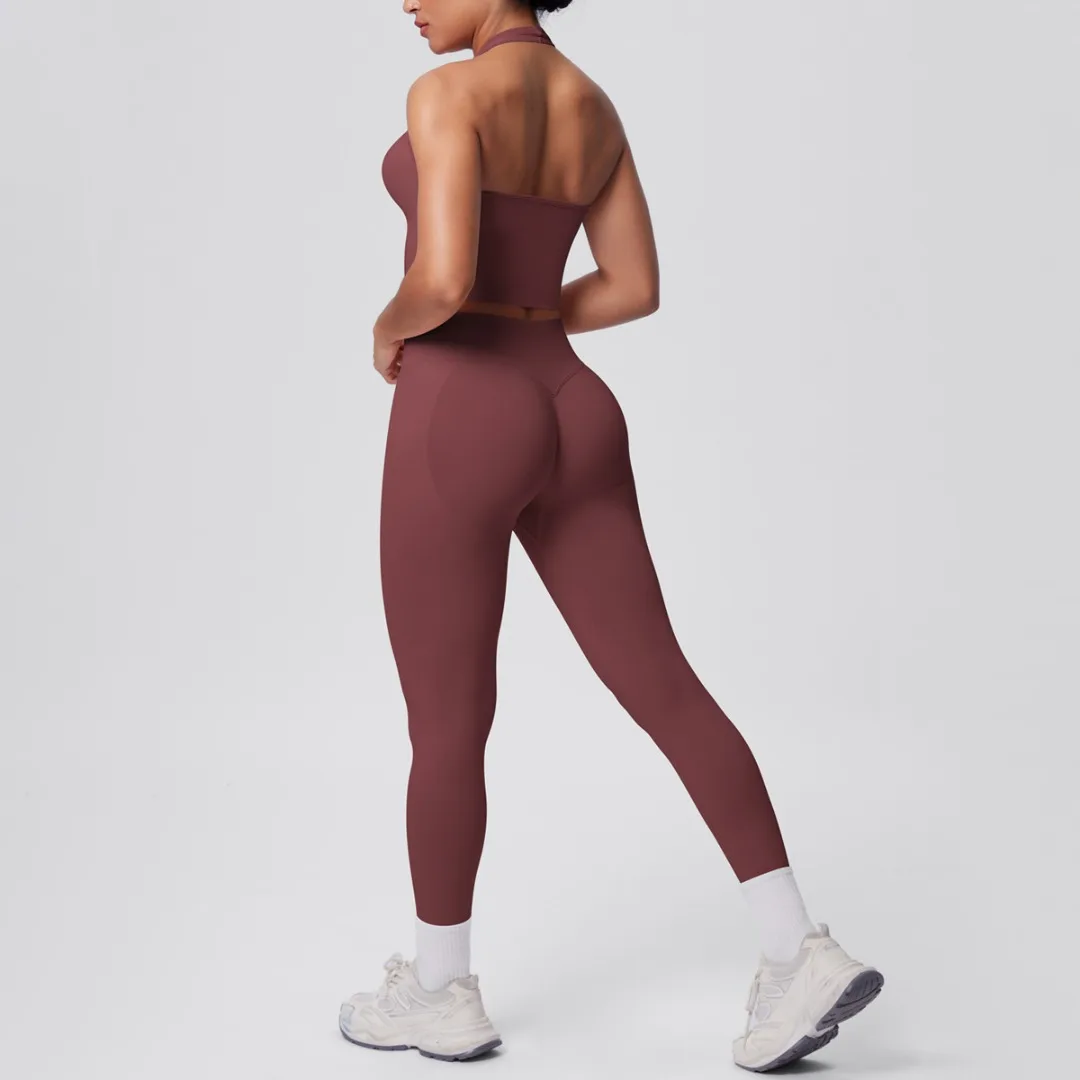 

Женский бесшовный плотный комплект для йоги с открытой спиной, 2 шт., дышащий костюм персикового цвета с высокой талией для бега на открытом воздухе, комплект для йоги в тренажерном зале