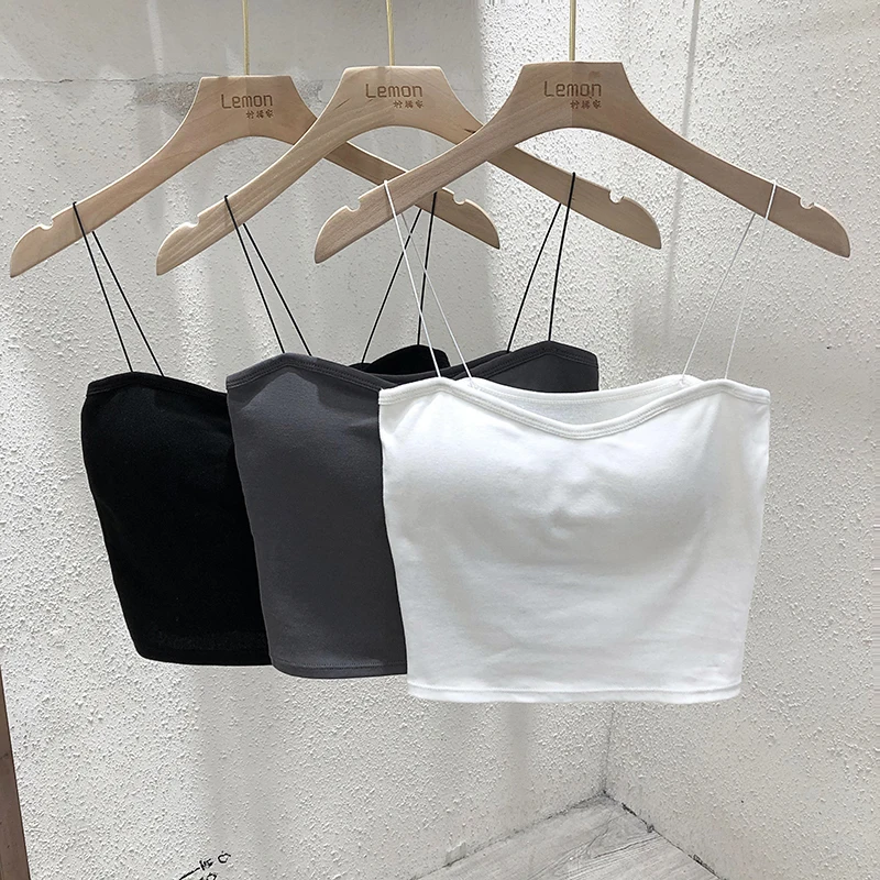 2026 Summer Women's Base Layer Tops White Camisole Versatile Tank Top With Built In Padded Bra Backless Wrap Chest Crop Top