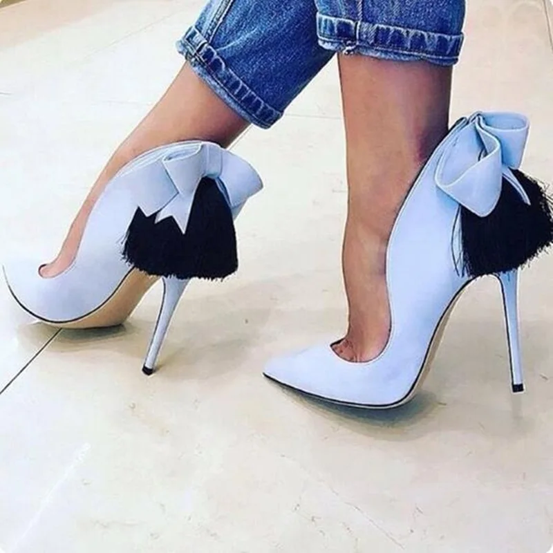 

Back Tassels Fringe Butterfly High Heel Pump Light Blue Suede Stretch Fabric Pointed toe Thin Heels Spring Autumn Dress Shoes