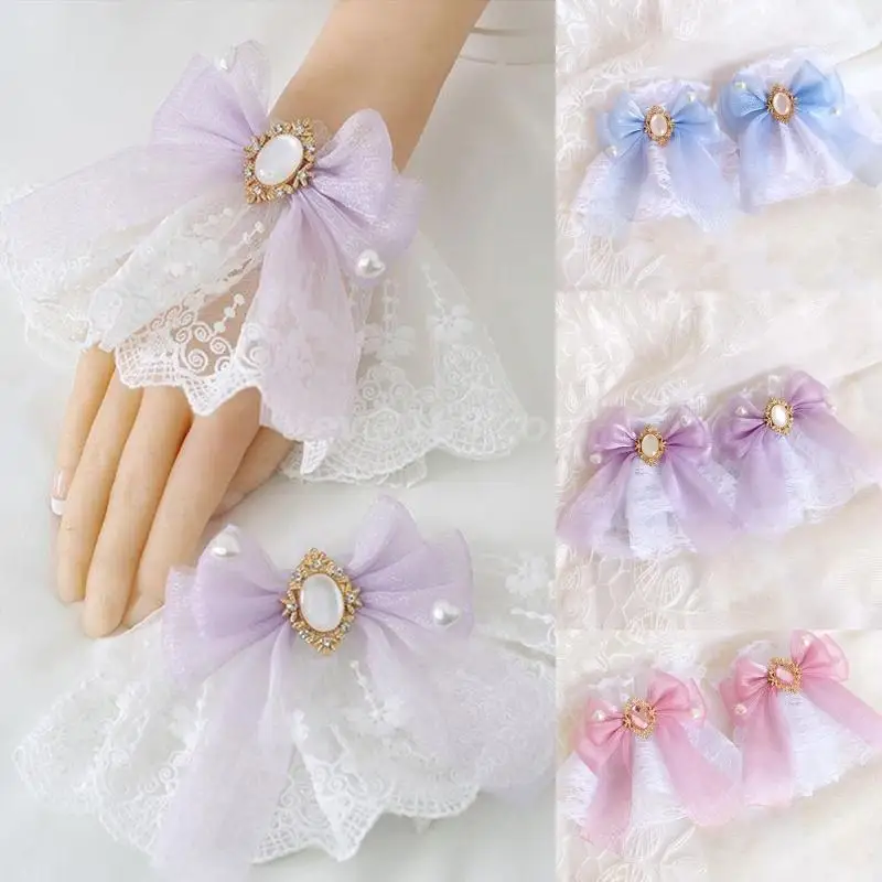 Puños de muñeca de manga de mano de Lolita japonesa, dulce encaje con volantes Multicolor, pulsera de Cosplay de mucama con lazo para fiesta de boda