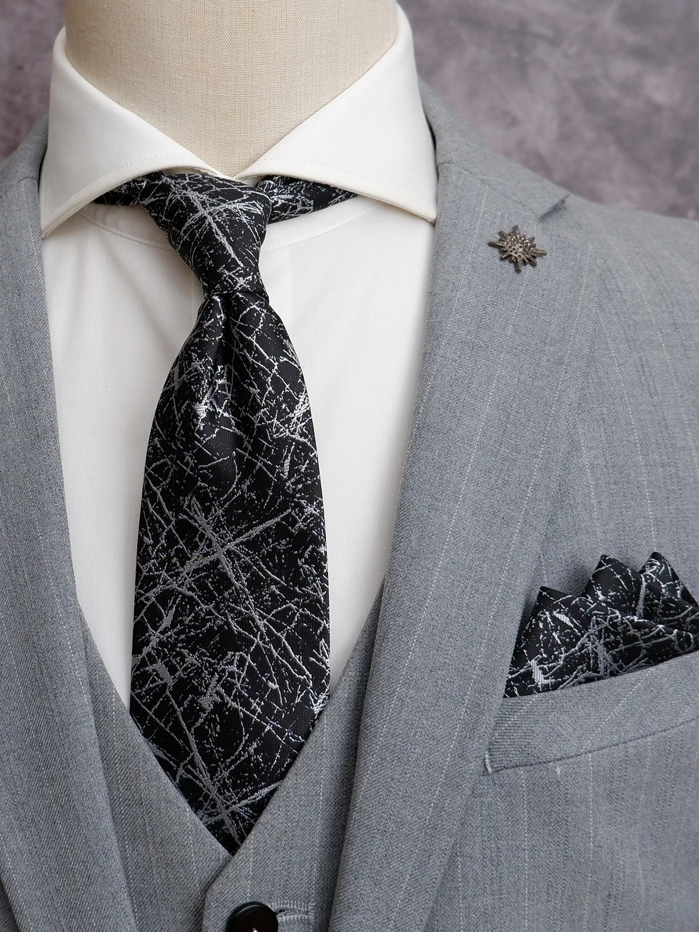 black-white-splatter-ink-tie-pocket-square-set-men's-8cm-irregular-marble-pattern-fashionable-commuting-personality