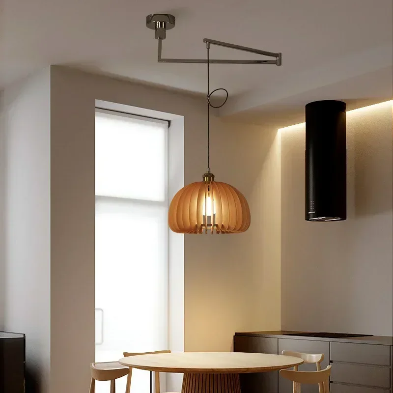 For Lighting for Bedroom Dining Room Chandeliers Retro Solid Wood Design Pendant Lamp Shiftable Swing Arm Telescopic