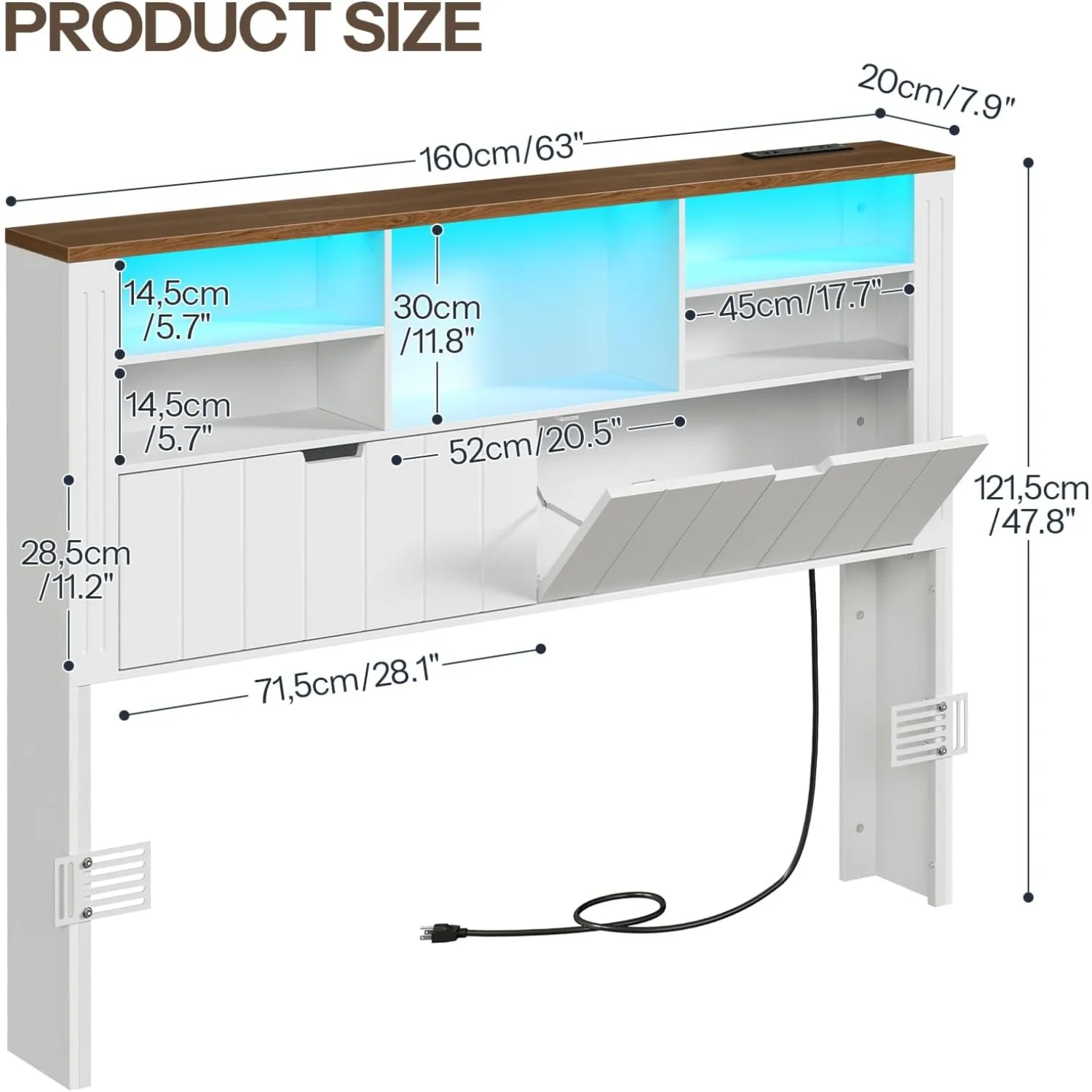 Queen Size Headboard Only with Storage, Bookcase Queen Headboard with Charging Station and LED Lights, Customized