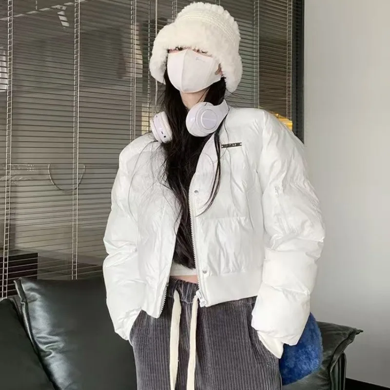White Cotton Pdded Jacket for Women's Winter Short American Style Loose Baseball Coats Girls Lightweight Soft Warm Bread Parkas