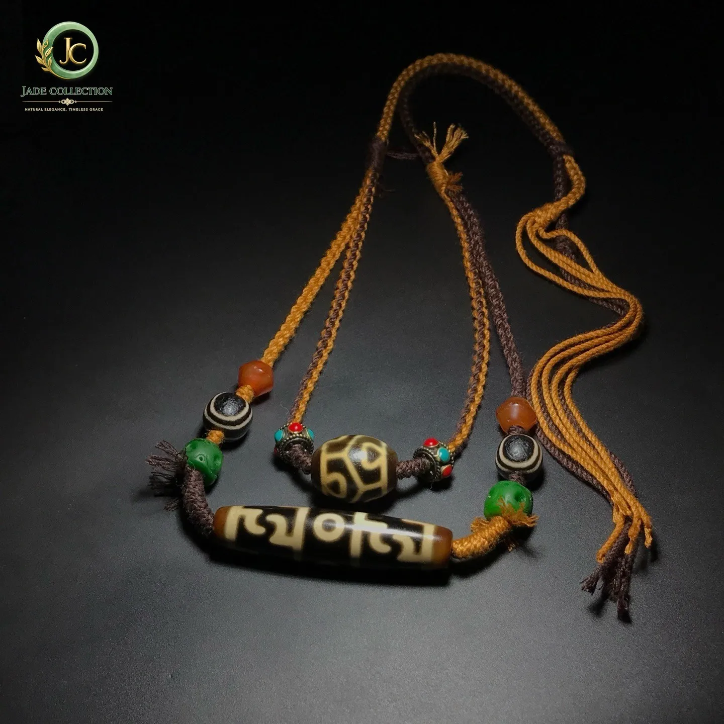 Unique Tibetan Old Agate Dzi Rital 3 Eyes Lotus flower Agate Bead Necklace J0602