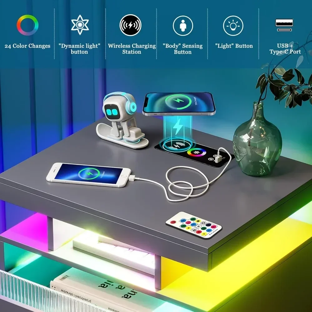 Nightstands Set of 2 with USB/Type-C/Wireless Charging Station Smart Night Stand with 3 Drawers LED Nightstand image 4