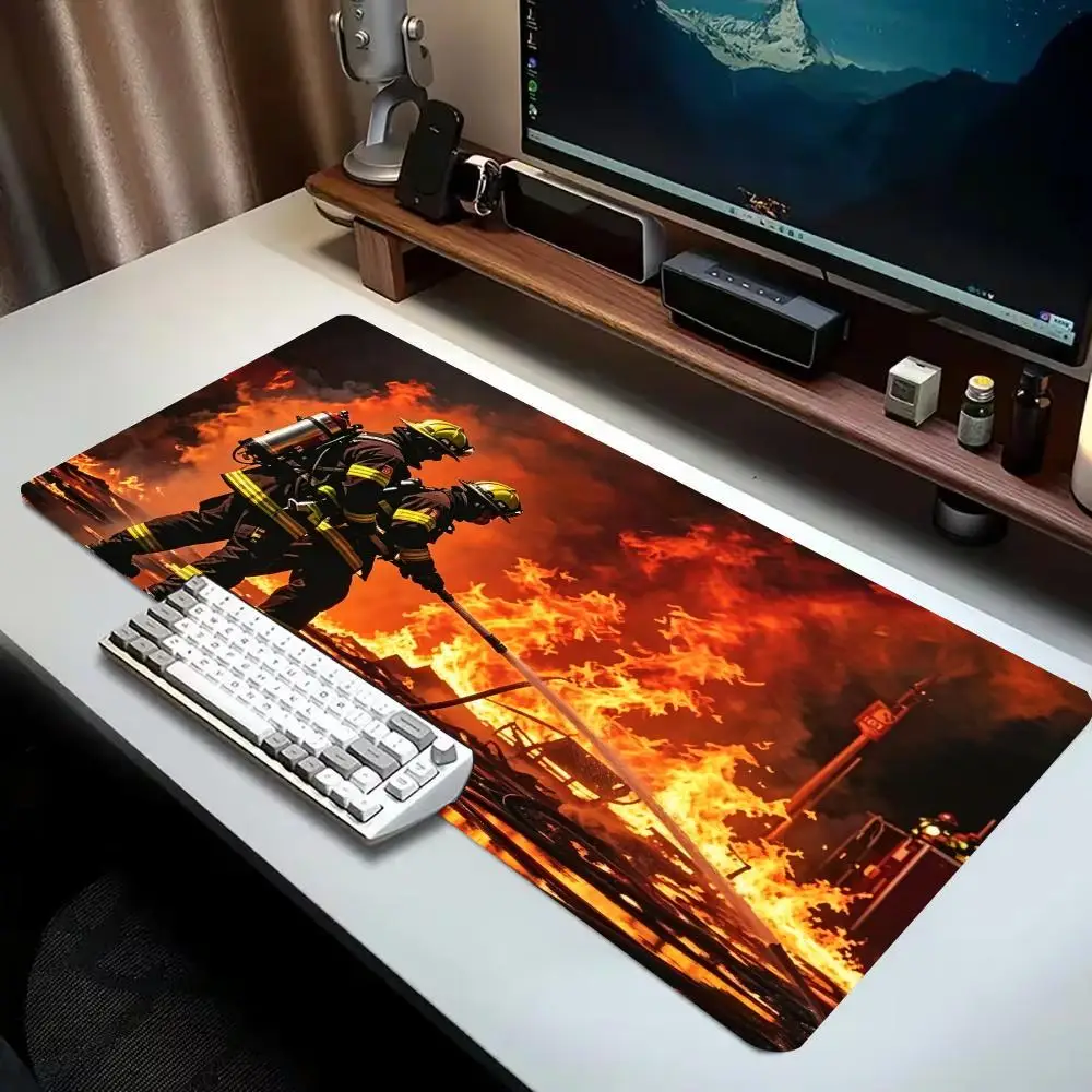 Gaming Mouse Pad Firefighter Flame Large Desk Mat Non Slip Rubber Lock Edge Extended Keyboard Computer Laptop Office Table