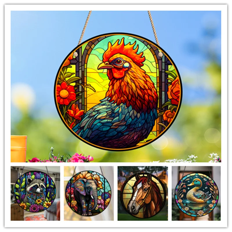 Animal Stained Acrylic Suncatcher for Pet Shop Decor Duck Horse Rooster Home Round Wall Hanging Mural Window Decorative Plate