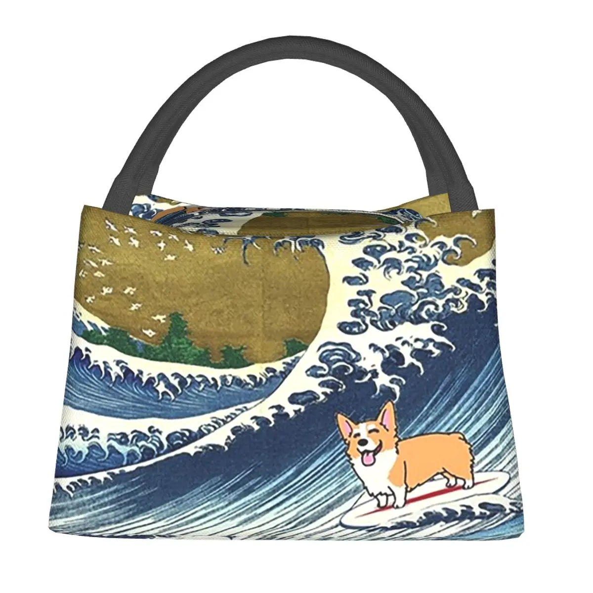 Corgi Dog Surfing The Great Wave Insulated Lunch Bag for Women Kids Portable Food Boxes Thermal Lunch Box Tote