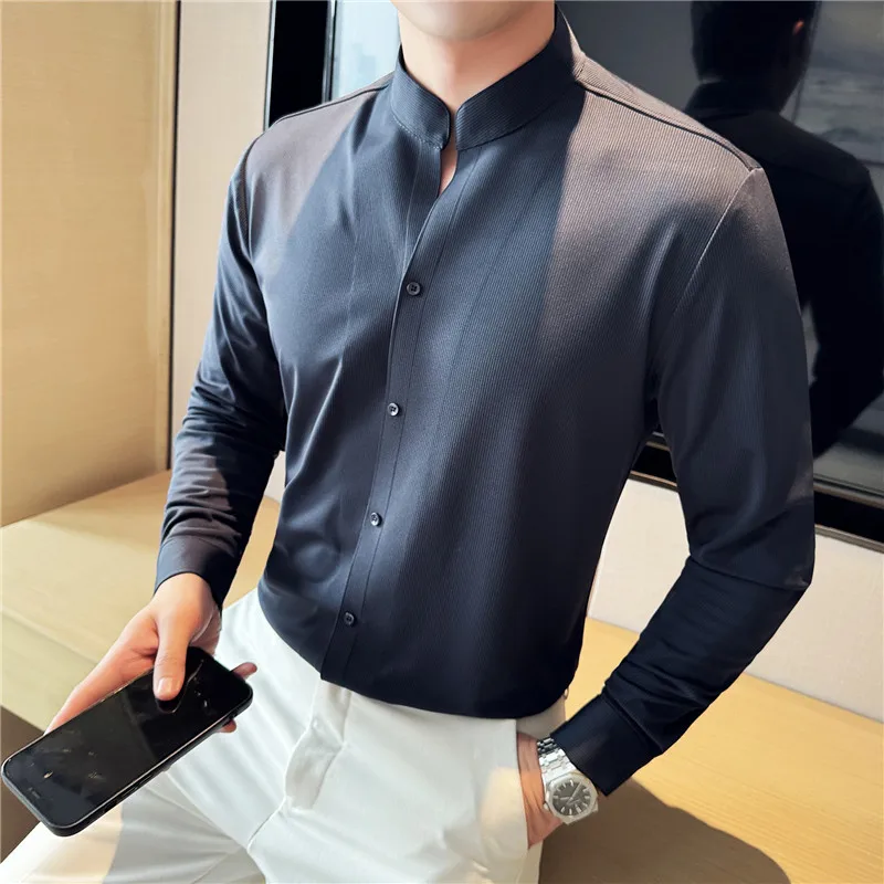 جديد النمط الصيني الوقوف طوق كم طويل قميص عالية مطاطا الهراء سلس رجال الأعمال سليم صالح عادية حفلة موسيقية قمصان البدلات الرسمية #1