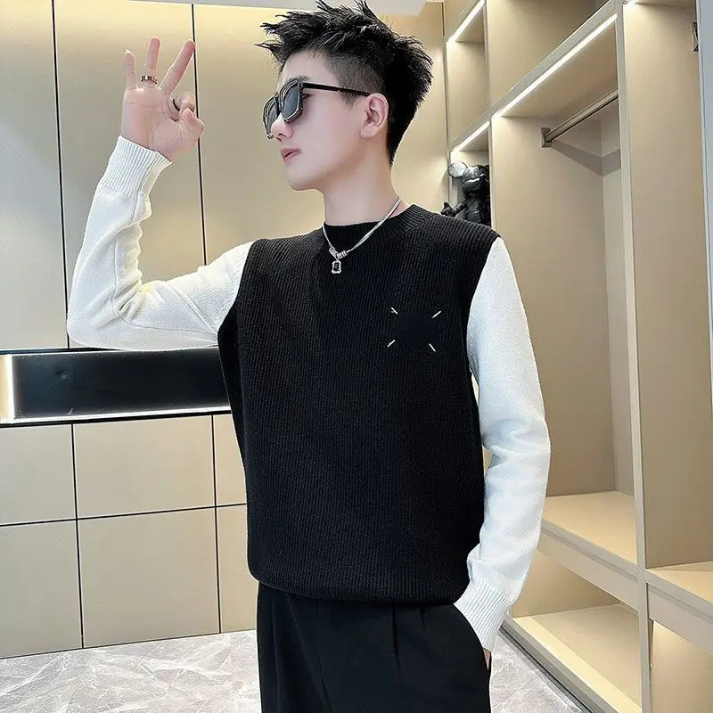 

Мужской трикотаж премиум-класса с круглым вырезом и цветными блоками, новинка 2025 года, простой теплый осенне-зимний пуловер, свитер со стильным корейским дизайном