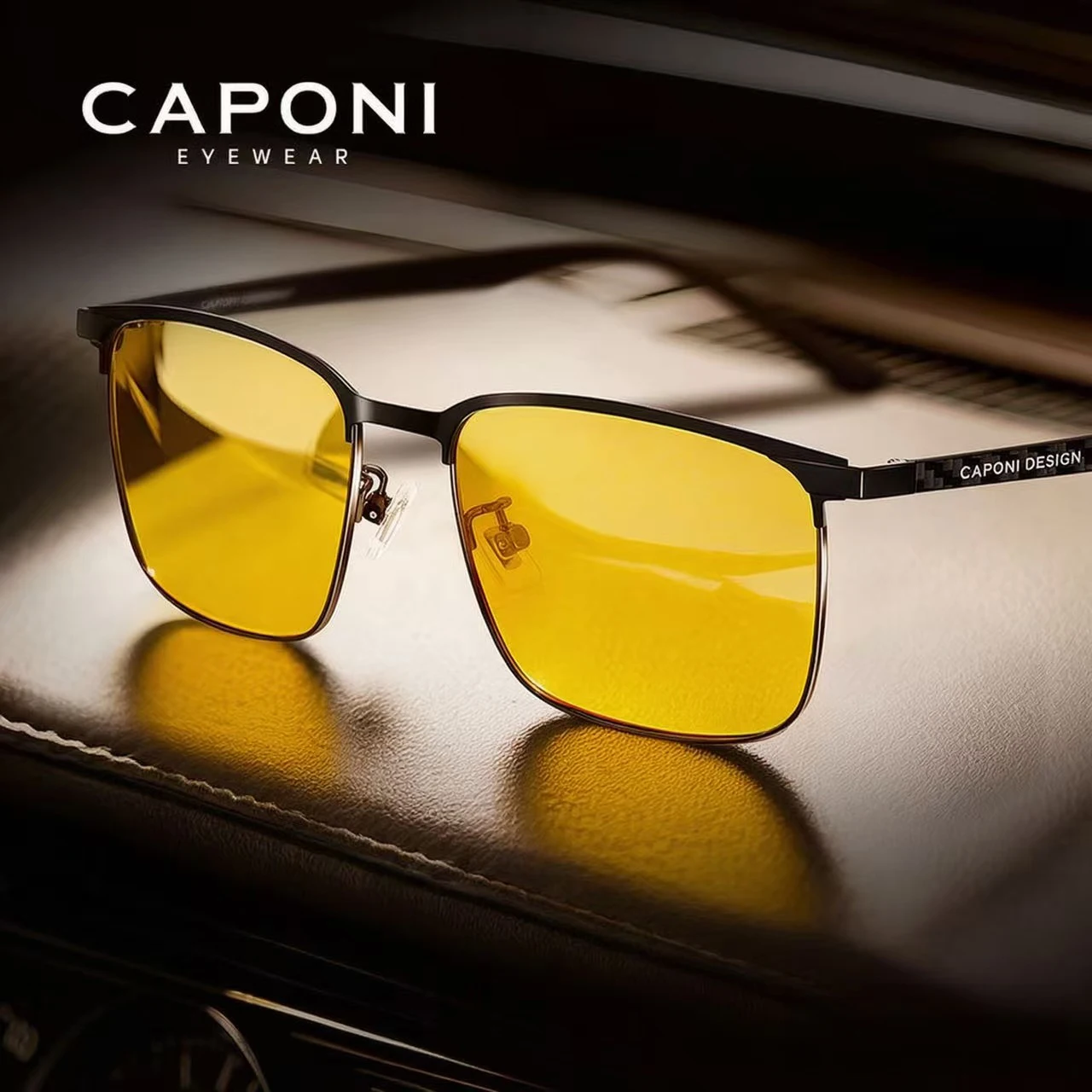 CAPONI Night Vison Men Sunglasses New Night Driving Carbon Fiber Original Photochromic Brown Sun Glasses Yellow Shades BSYS28753