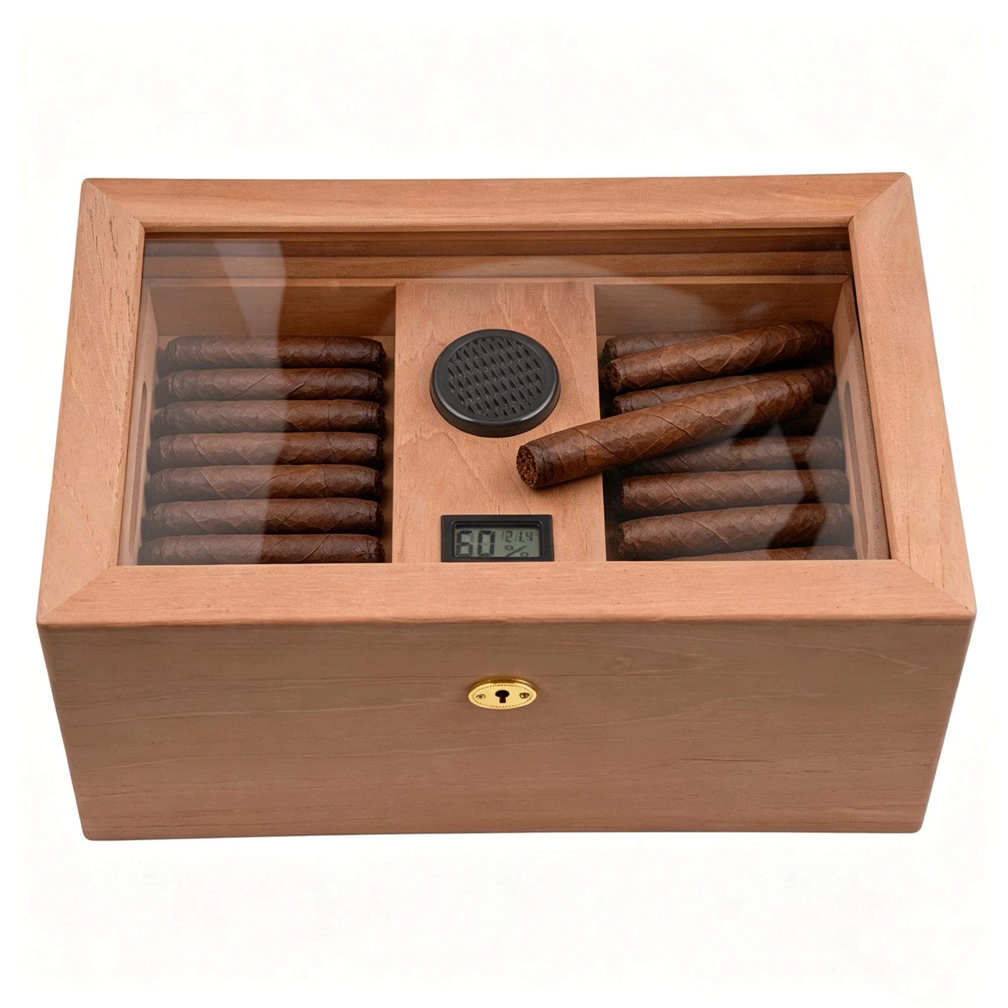 Natural Wood Color Cedar Transparent Skylight Moisturizing Cigar Box, Humidifier And Electronic Hygrometer.
