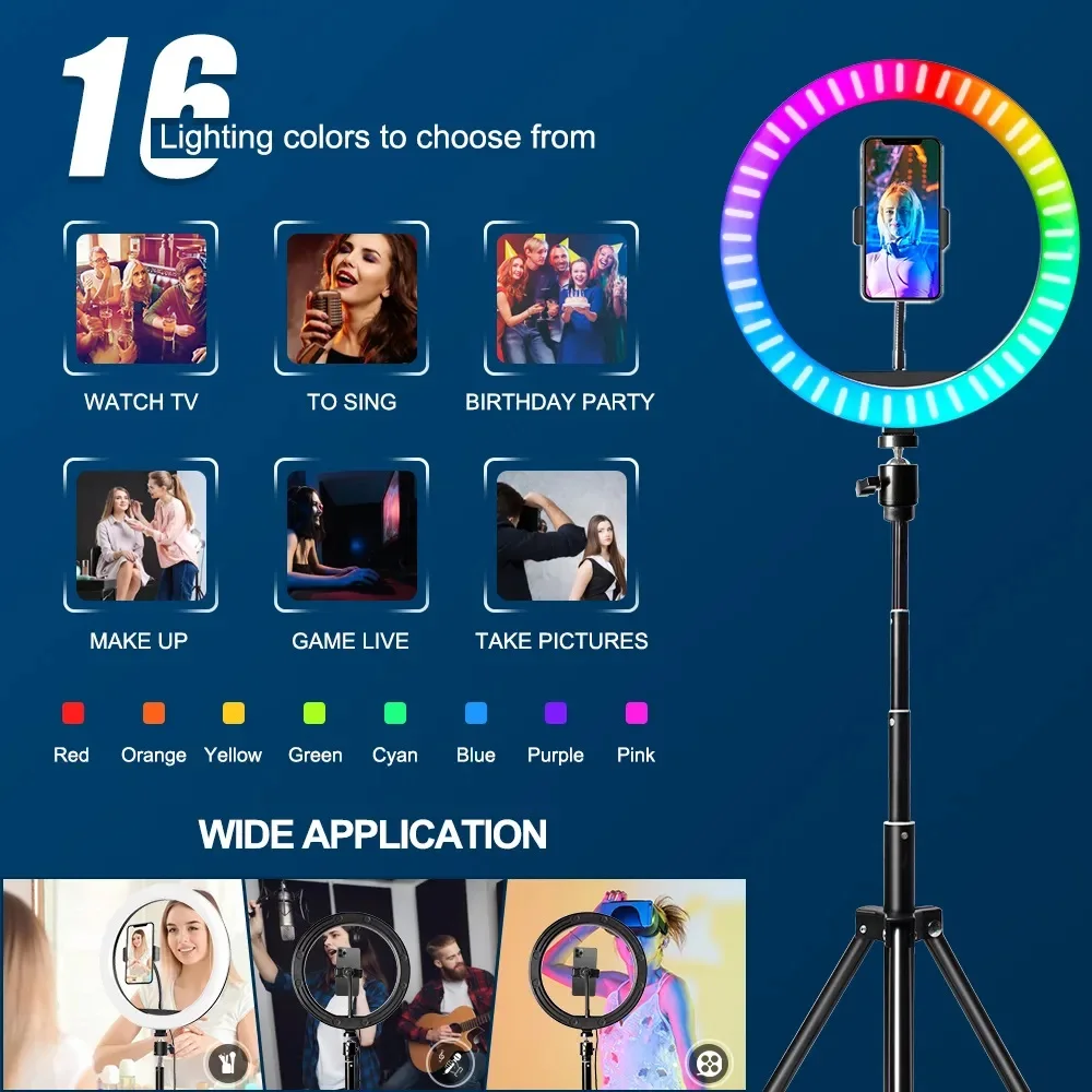 10 Inch RGB Ring Light With Remote LED Photographic Ring Light Bluetooth Selfie Tripod With 3 Phone holder Stand for Tik Tok