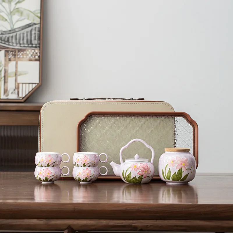 Portable Hand-painted Travel Tea Set Outdoor One Pot Four Cup Set Quick Cup Holiday Chinese Business Gift Multicolor Teapot Set
