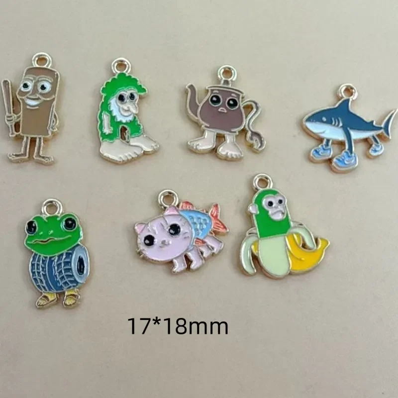 10Pcs Weird Funny Alloy Pendants, Abstract Wooden Stick People, Shark & Exotic Beast Charms, Handmade DIY Accessories