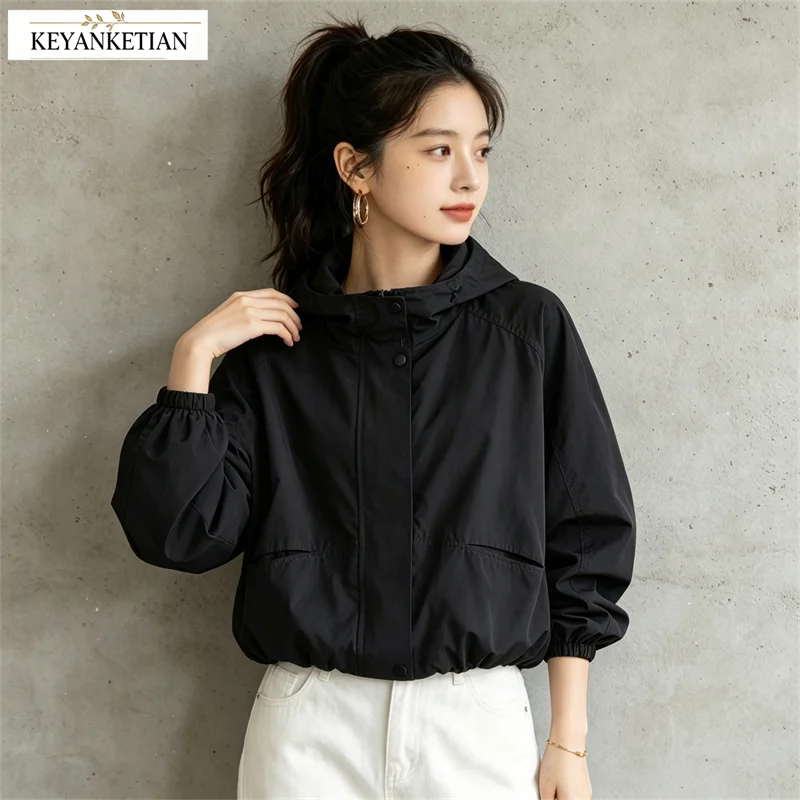 KEYANKETIAN 2026 Women Cropped Hooded Jacket Drawstring Collar Zip Up Snap Button Windbreaker Elastic Hem Casual Outerwear