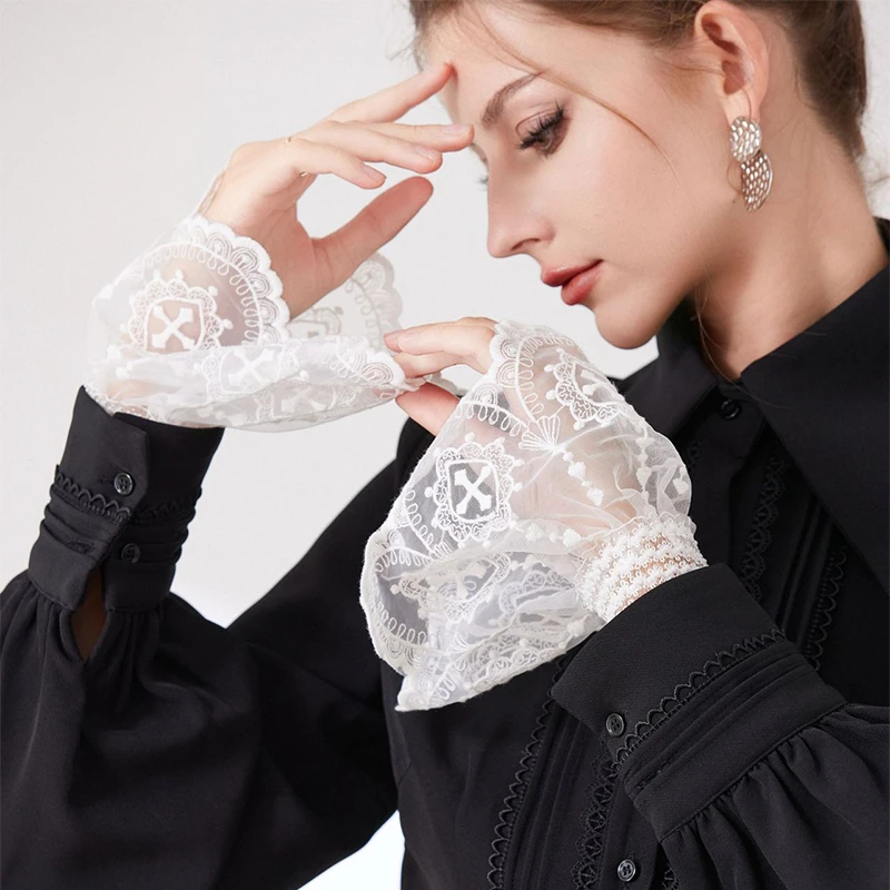 تفريغ الدانتيل المطرزة الأزهار الأكمام وهمية الأساور المرنة القابلة للإزالة سترة الأصفاد الزخرفية الملحقات