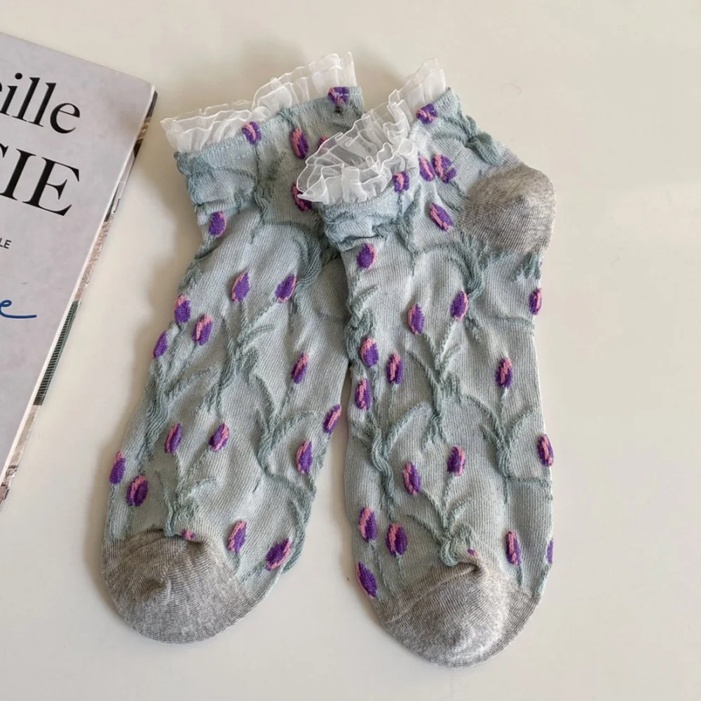 5 Pair Sweet Cute 3D Stereoscopic Flower Women's Socks Set Fashion Lace Edge Short Socks Spring Summer New Woman Streetwear