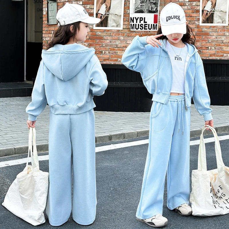 

School Girls Autumn 2pcs Tracksuit Long Sleeves Hooded Coat+Drawstring Sweatpant Children Girls Outfit Solid 4-14Y Girls Sets
