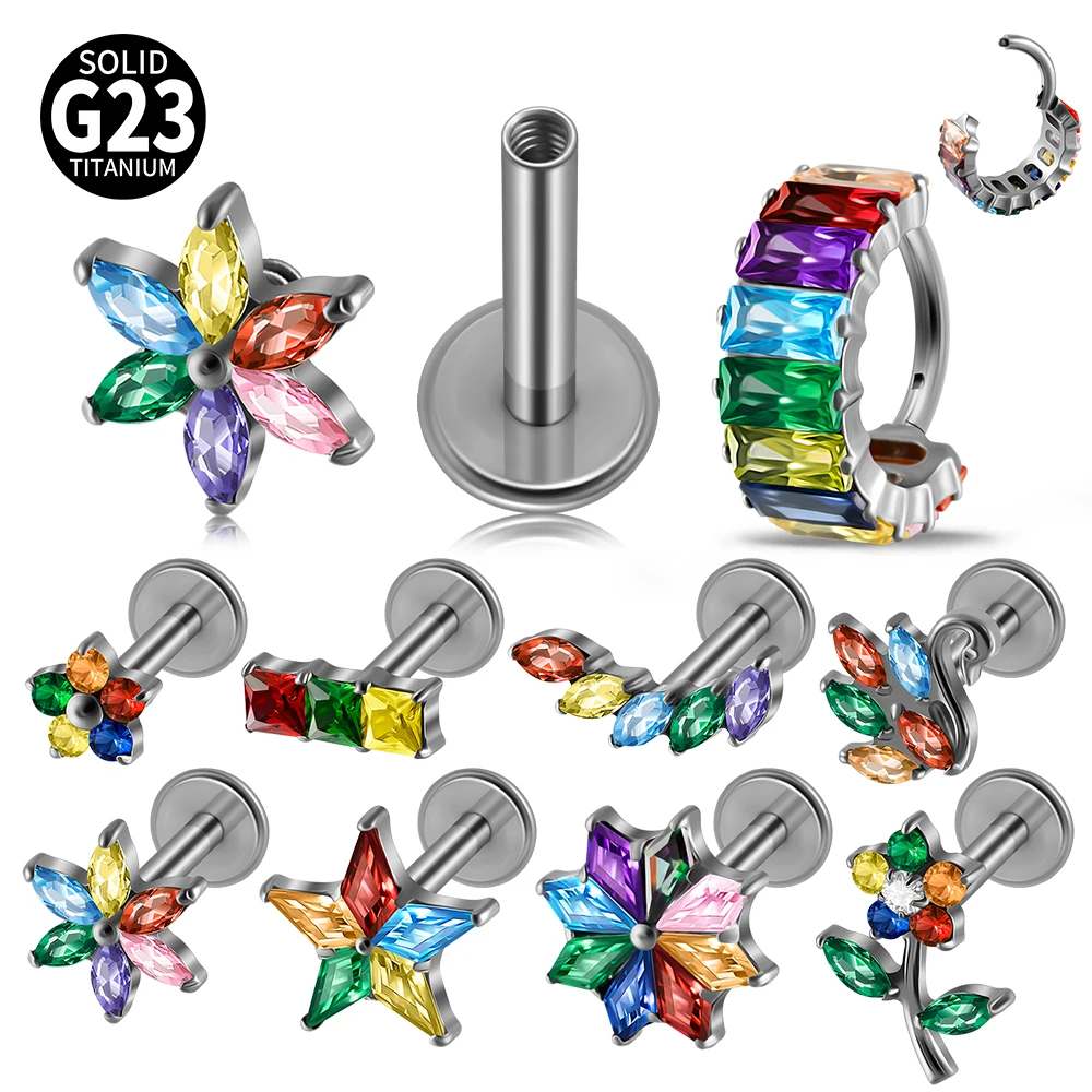 1pcs G23 Titanium Colorful Rainbow Zircon Ear Tragus Cartilage Helix Daith Piercing Stud Earring Internal Thread Labret Piercing