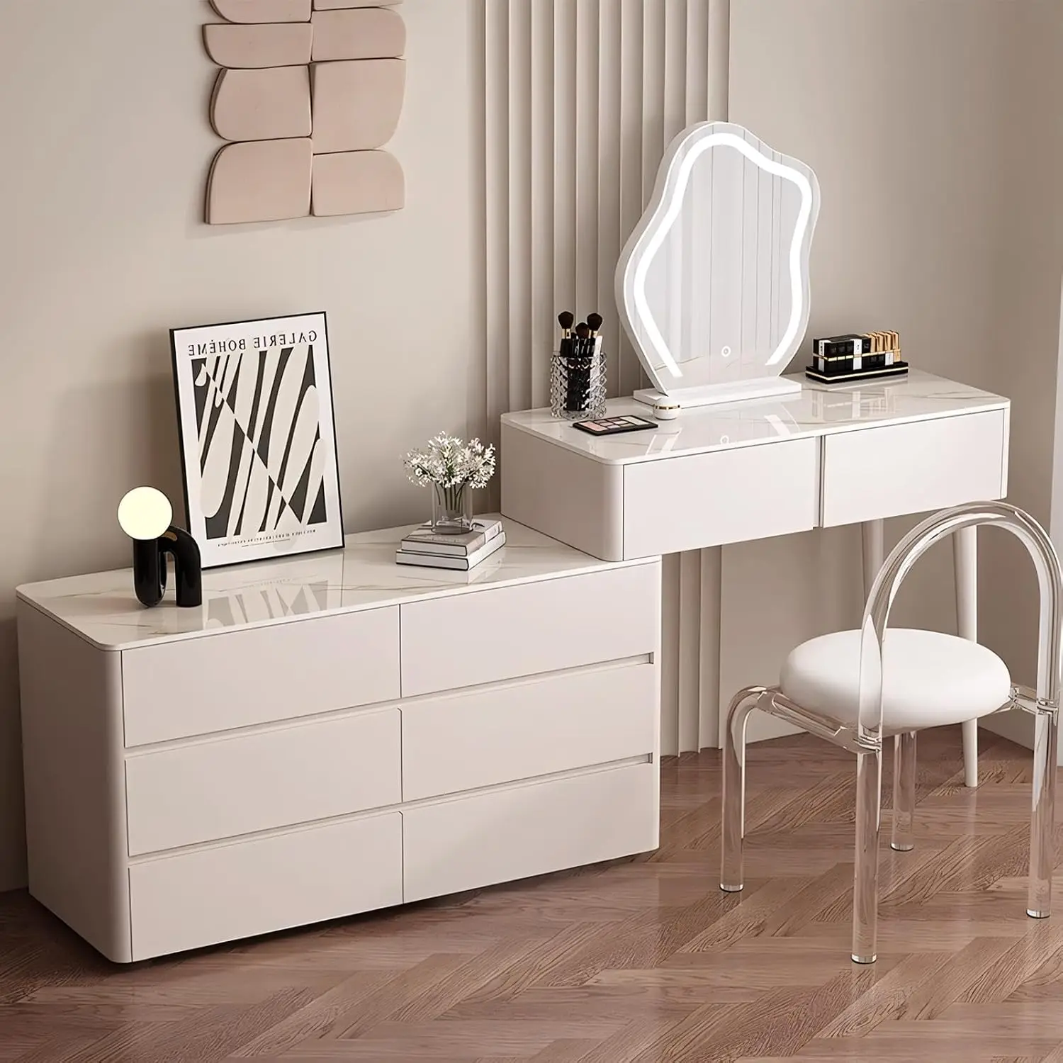 Vanity Set, Modern Vanity Desk with Smart Makeup Mirror & Makeup Chair, Elegant Dressing Table with Stone Slab Countertop & Draw